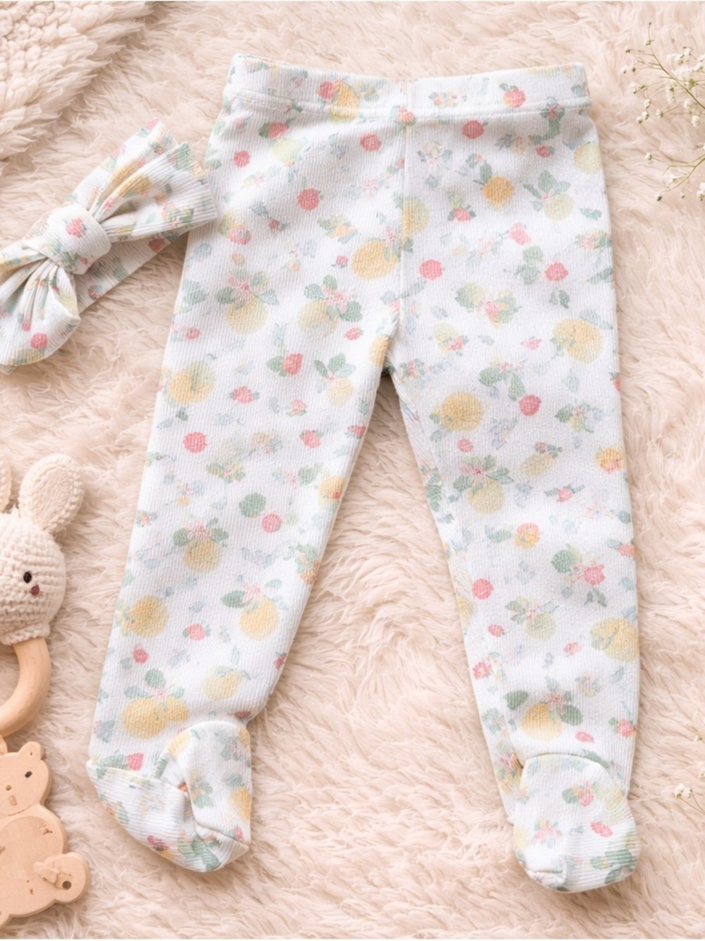 4/$20 Le Top Bebe Fruit and Floral Print Baby Girl 6-9M Footed Leggings with Bow
